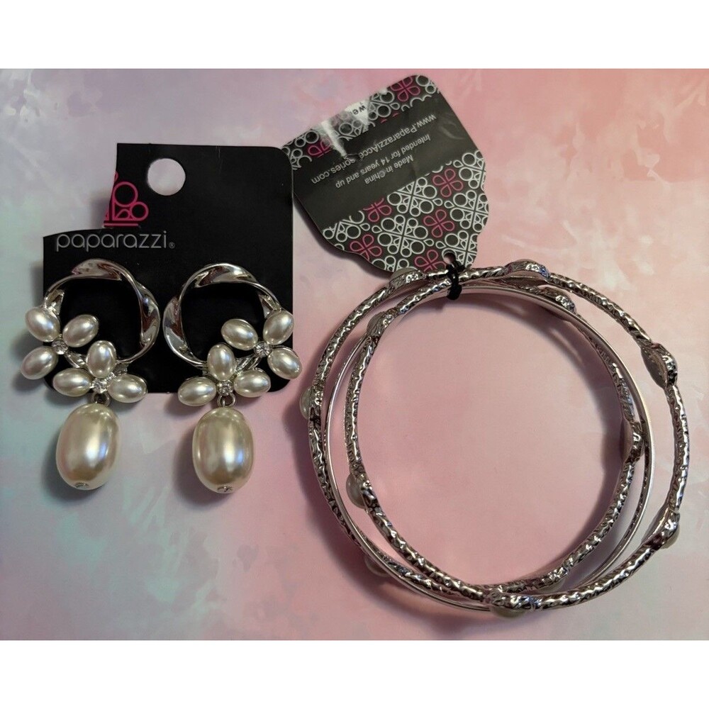 PAPARAZZI JEWELRY Bangle Bracelet and White Elegant Earrings Set NWT SilverTone